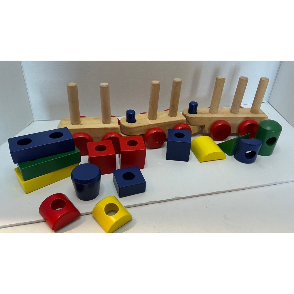 Melissa & Doug Wooden Stacking Train Toy Colorful Geometric Blocks Toddler Set